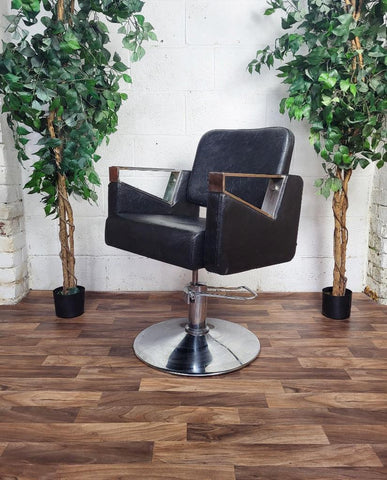 Vintage Art Deco Style Black Leather & Chrome Barbers Swivel Chair Mancave Retro