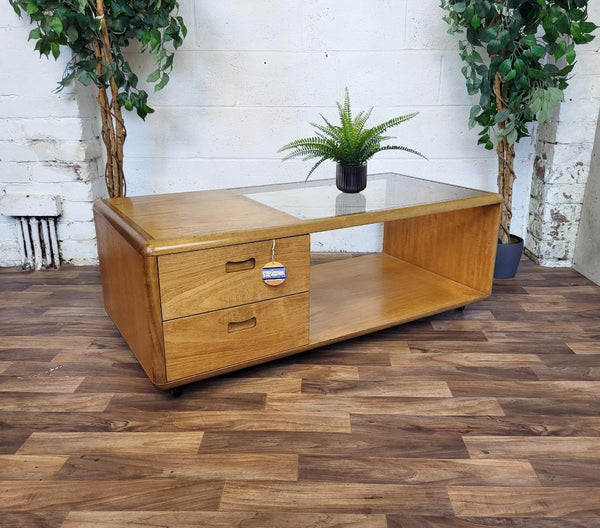 Vintage Mid-Century Meredew Teak & Glass Coffee Table With Drawers Retro Scandi