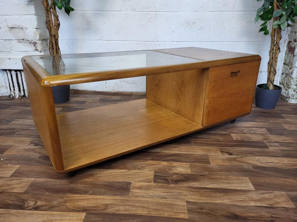 Vintage Mid-Century Meredew Teak & Glass Coffee Table With Drawers Retro Scandi